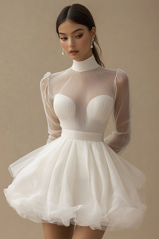 Tulle Tiered Illusion Neck Little White Dress with Long Sleeves