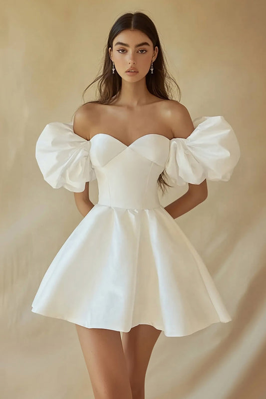 Satin A Line Off the Shoulder Mini Little White Dress with Ruffles