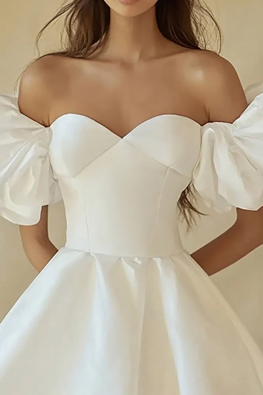 Satin A Line Off the Shoulder Mini Little White Dress with Ruffles
