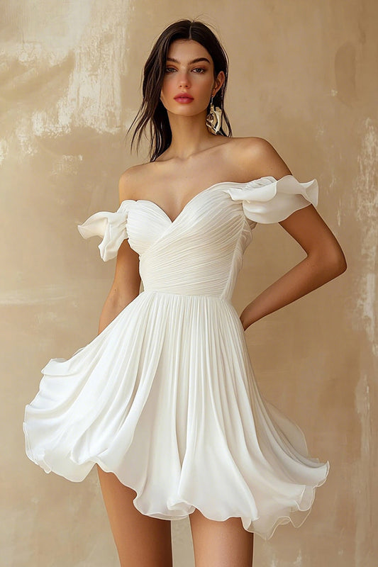 Chiffon Pleated A Line Mini Little White Dress with Ruffles