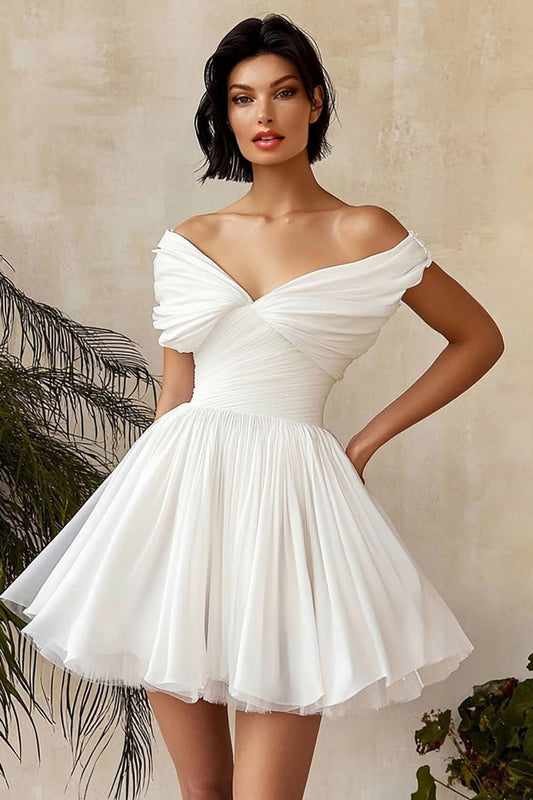 A Line Chiffon Pleated Little White Dress with Ruffles