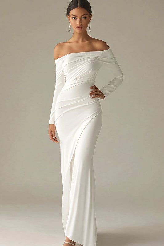 White Chiffon Long Sheath Rehearsal Dinner Dress with Sleeves Off the Shoulder Engagement Dress
