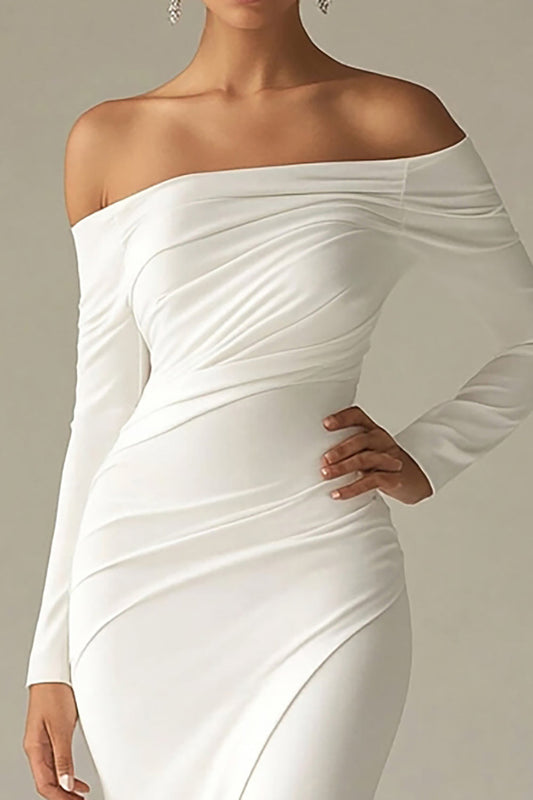 White Sheath Long Off the Shoulder Rehearsal Dinner Dress with Sleeves