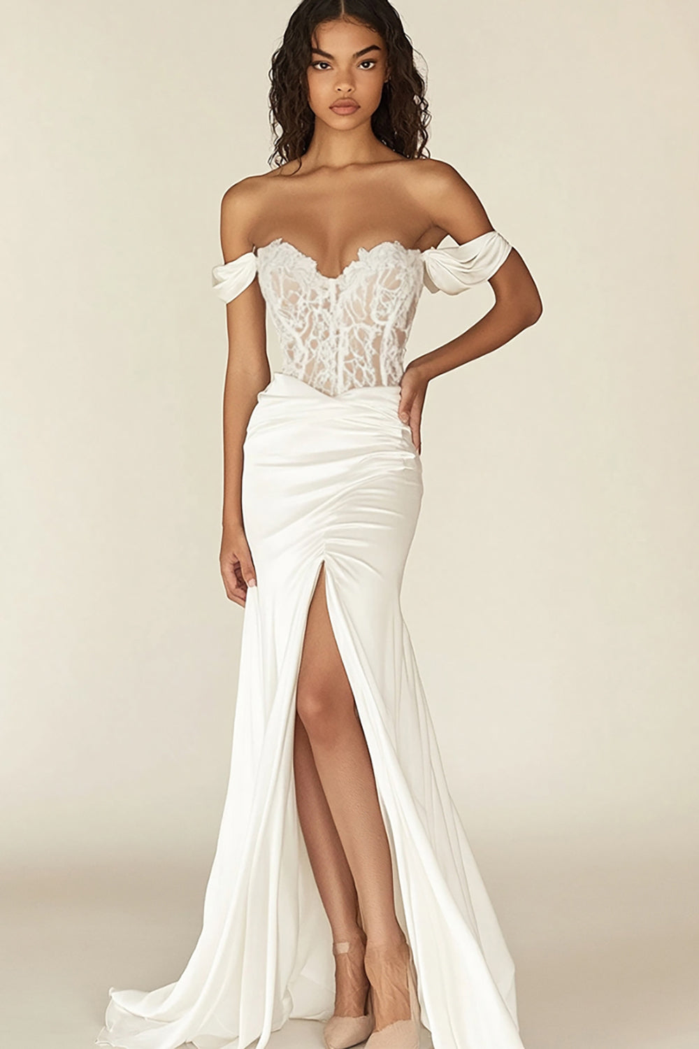 White Corset Off the Shoulder Long Rehearsal Dinner Dress with Slit White Corset Off the Shoulder Long Rehearsal Dinner Dress with Slit