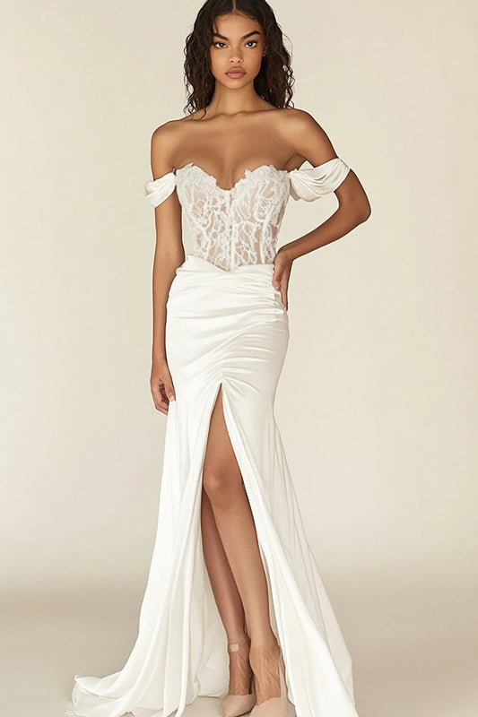 White Corset Off the Shoulder Long Rehearsal Dinner Dress with Slit
