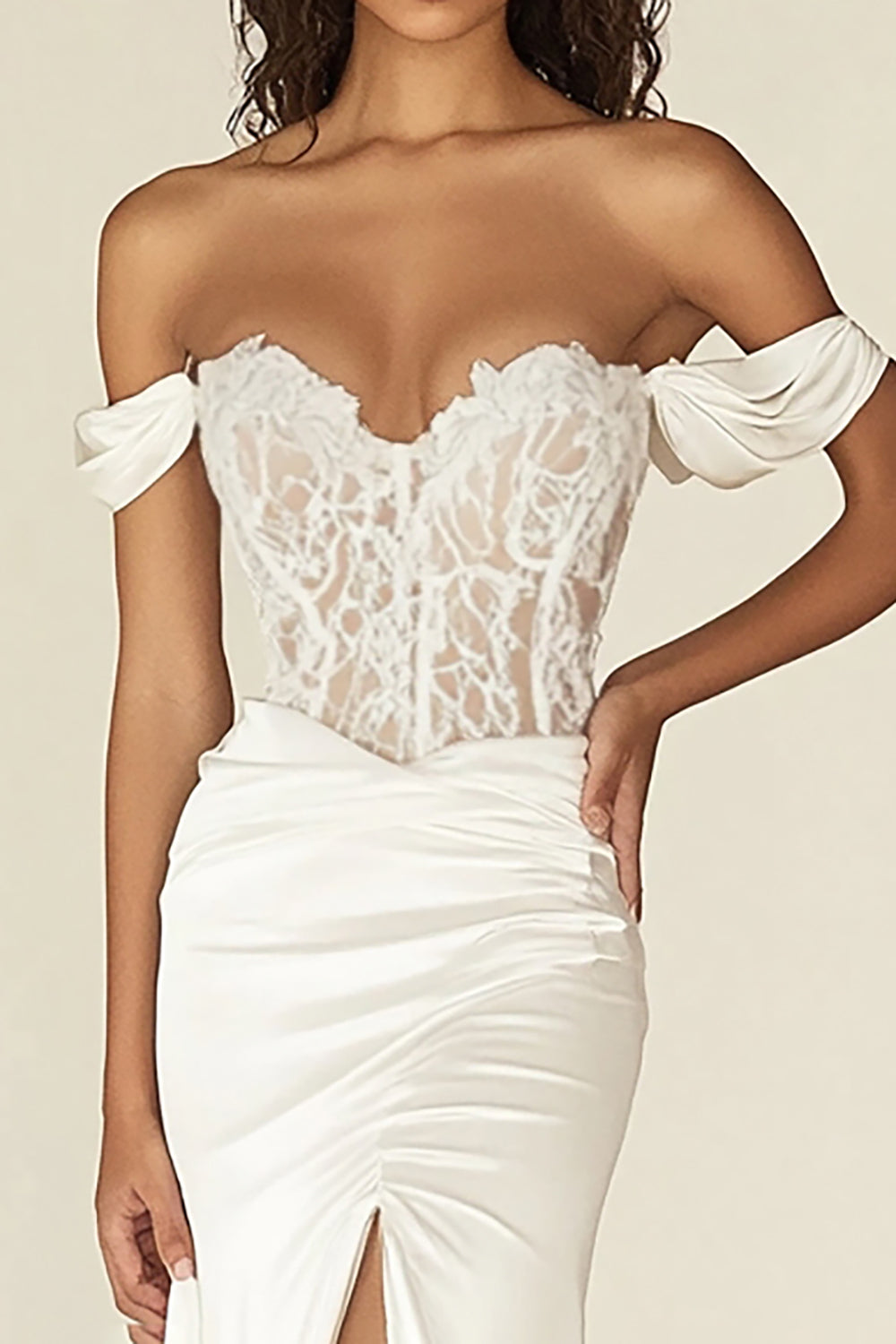 White Corset Off the Shoulder Long Rehearsal Dinner Dress with Slit White Corset Off the Shoulder Long Rehearsal Dinner Dress with Slit