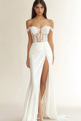 White Mermaid Off the Shoulder Long Rehearsal Dinner Dress with Slit