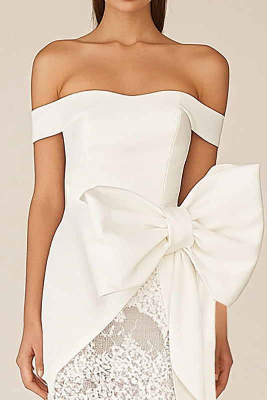 Sheath Satin Lace Short Little White Dress with Bow