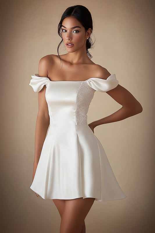 A Line Satin Little White Dress Off the Shoulder Graduation Dress