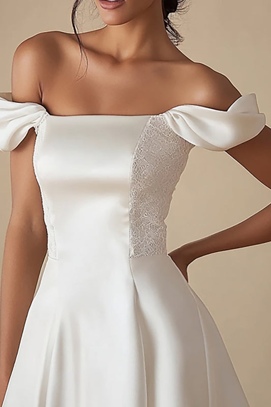 Off the Shoulder A Line Satin Little White Dress