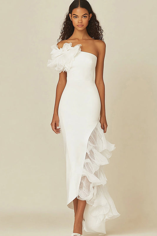 White Sheath Long Asymmetrical Rehearsal Dinner Dress