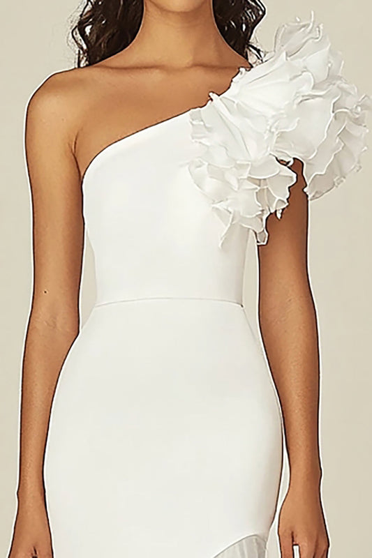White Sheath High Low Rehearsal Dinner Dress with Ruffles
