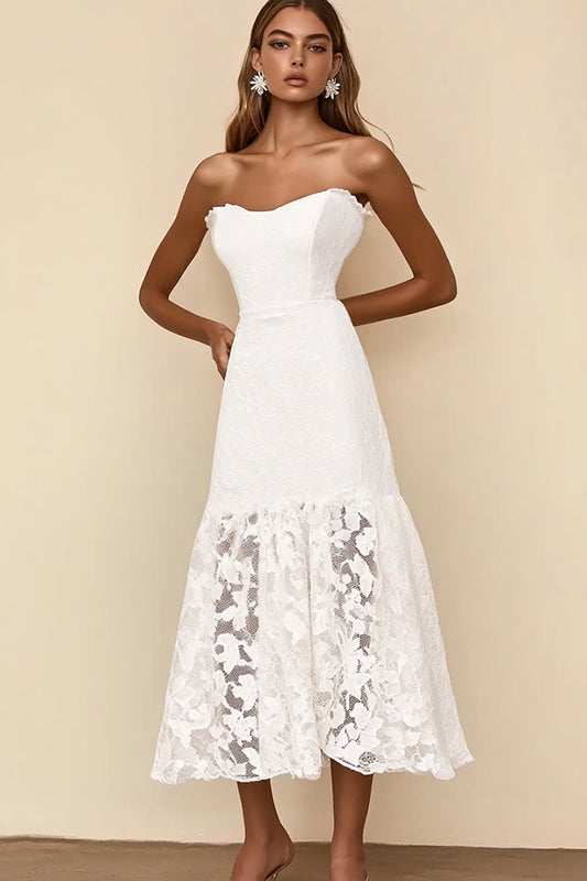 White A Line Strapless Long Rehearsal Dinner Dress with Lace