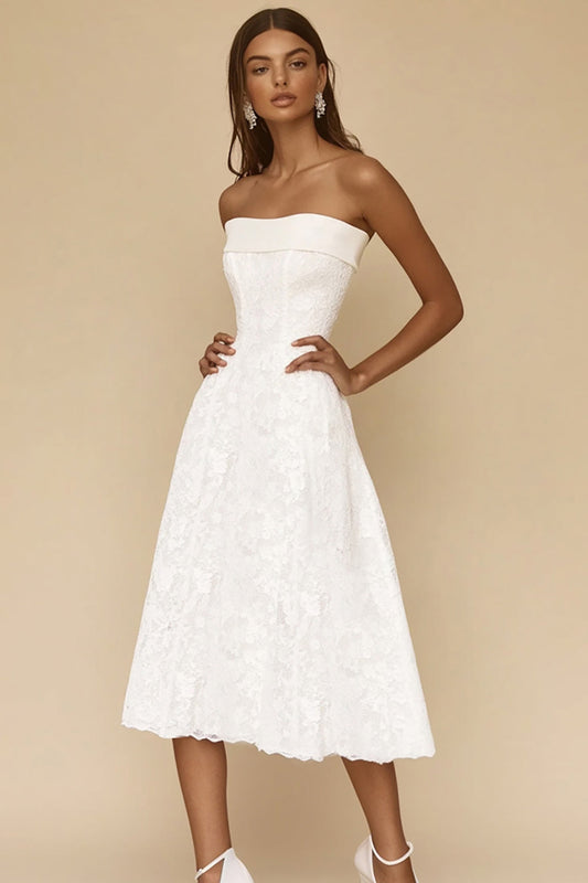 White A Line Lace Long Square Neck Rehearsal Dinner Dress
