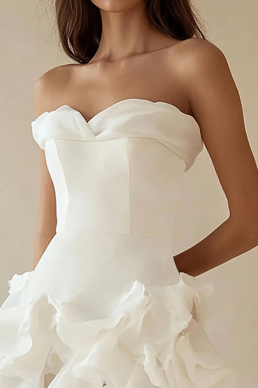 A Line Strapless Tiered Little White Dress with Ruffles