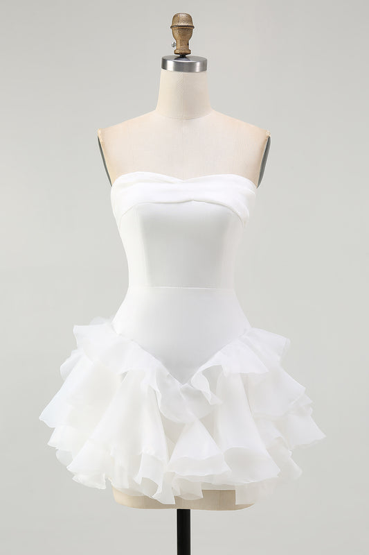 White A Line Tiered Strapless Short Graduation Dress with Ruffles