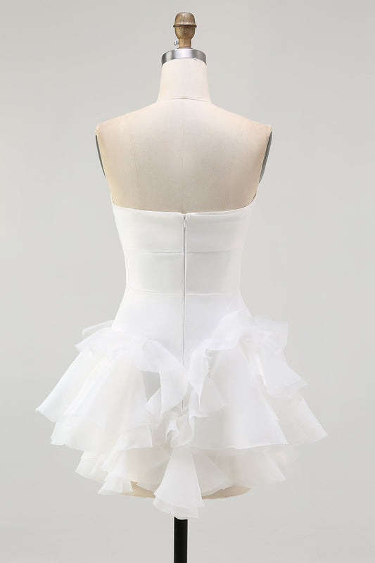 White A Line Tiered Strapless Short Graduation Dress with Ruffles