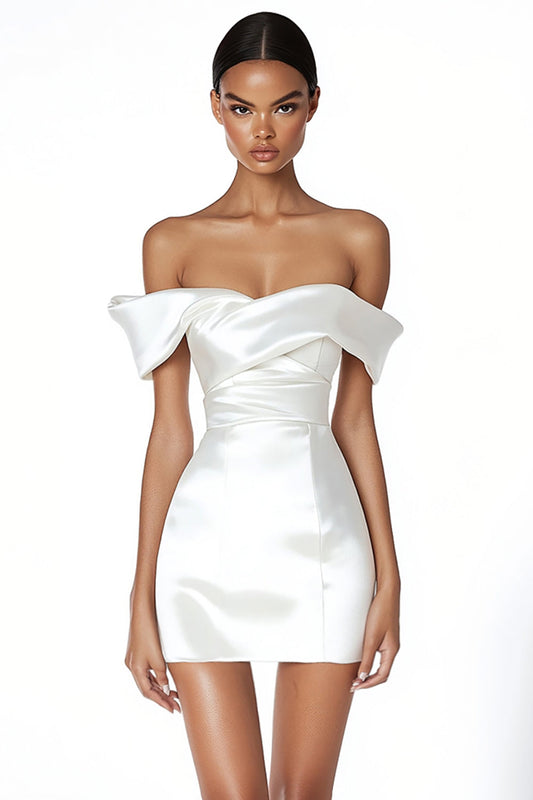 Satin Ruched Off the Shoulder Bodycon Sheath Little White Dress