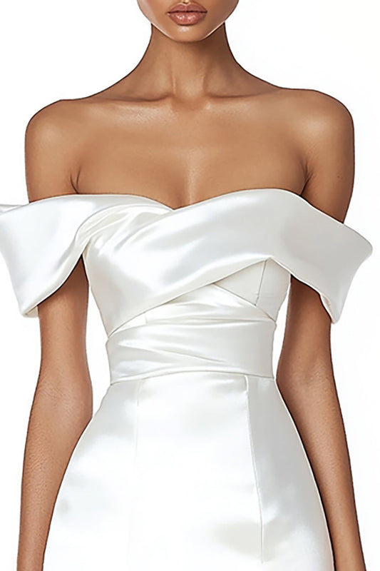 Satin Ruched Off the Shoulder Bodycon Sheath Little White Dress