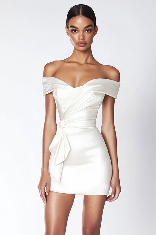 Sheath Satin Off the Shoulder Little White Dress with Ruffles