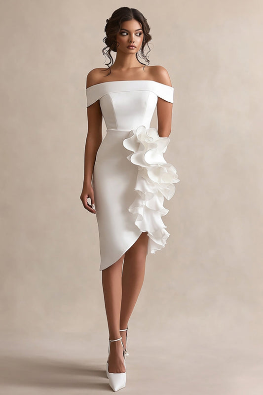 Sheath Ruffled Off the Shoulder Little White Dress with Ruffles