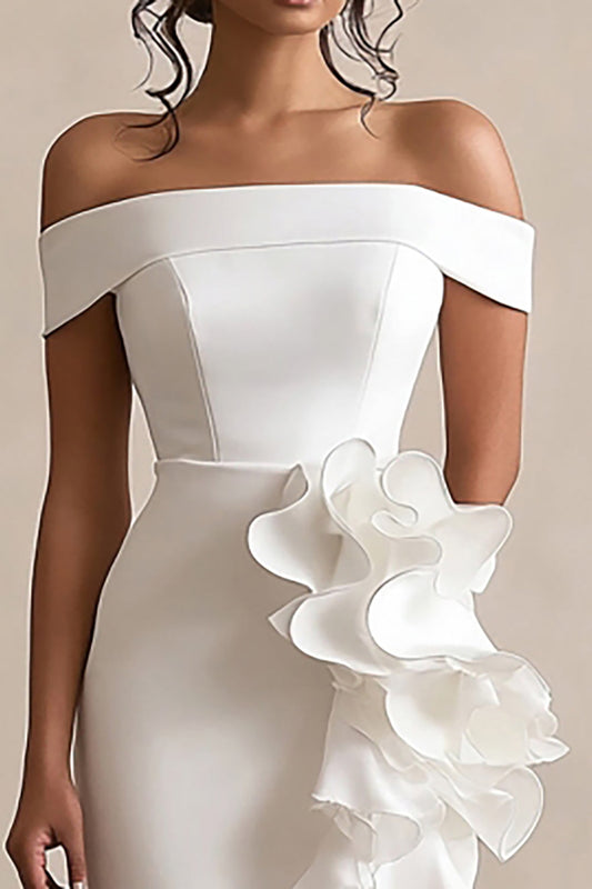 Sheath Ruffled Off the Shoulder Little White Dress with Ruffles
