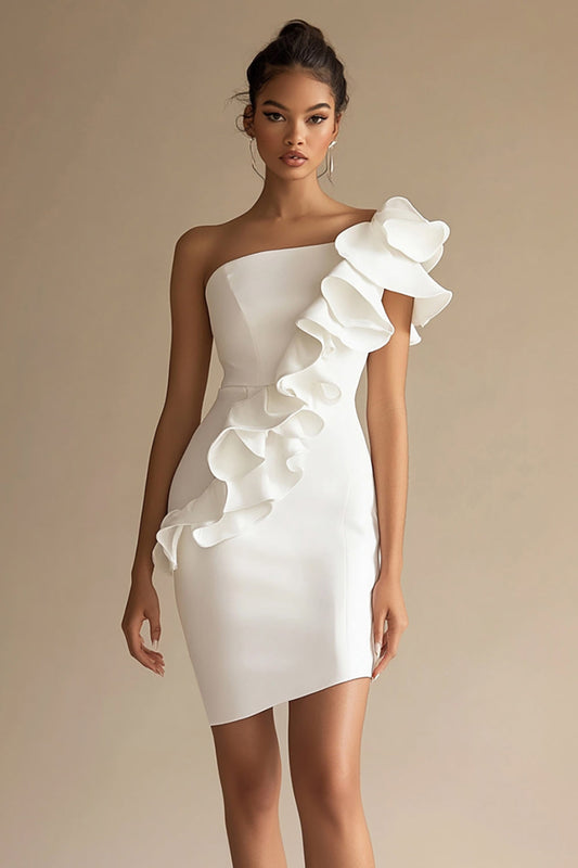 One Shoulder Sheath Bodycon Little White Dress with Ruffles