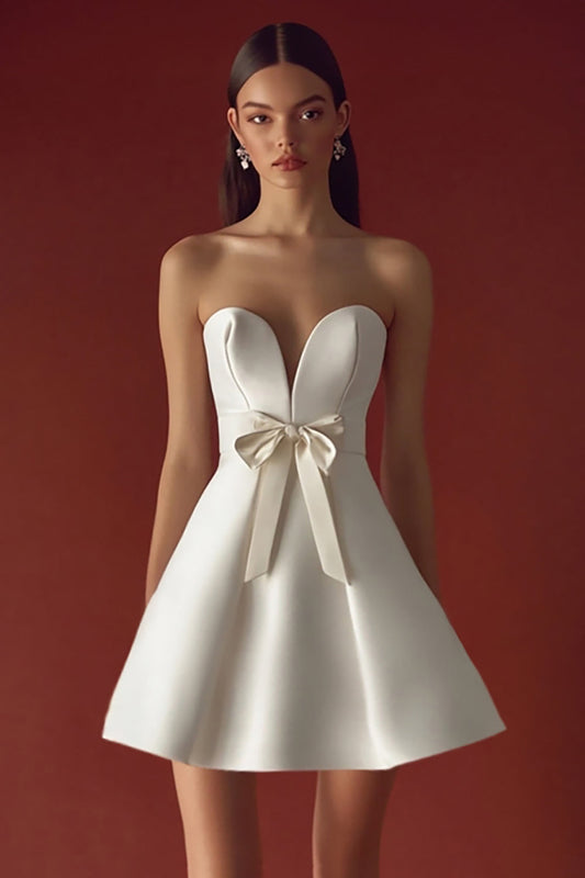 A Line Strapless V-Neck Mini Little White Dress with Bow