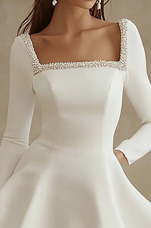 A Line Square Neck Mini Little White Dress with Long Sleeves