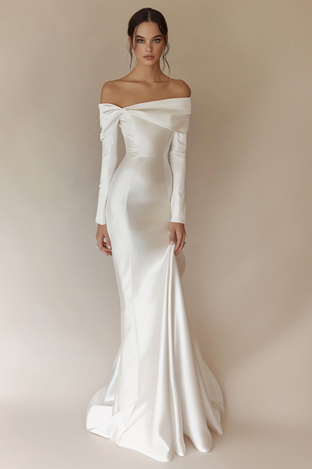 White Satin Off the Shoulder Rehearsal Dinner Dress with Long Sleeves White Satin Off the Shoulder Rehearsal Dinner Dress with Long Sleeves