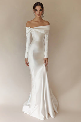 White Satin Off the Shoulder Rehearsal Dinner Dress with Long Sleeves
