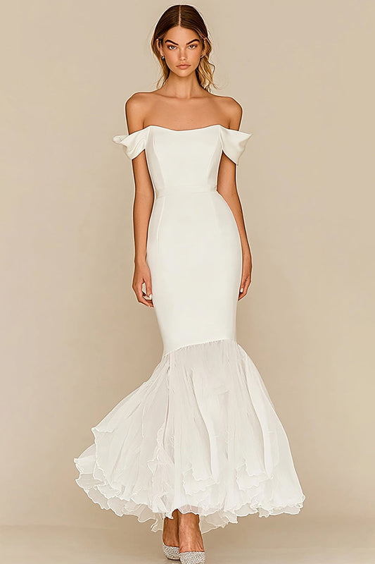 White Off the Shoulder Long Mermaid Rehearsal Dinner Dress