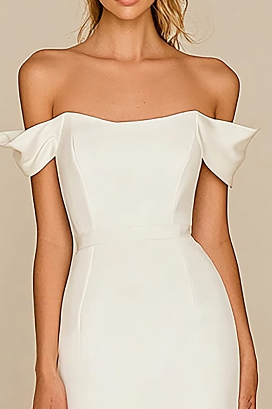 White Off the Shoulder Long Mermaid Rehearsal Dinner Dress