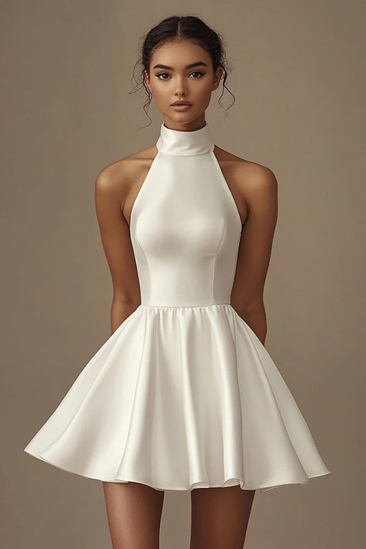 A Line Satin Mini Little White Dress Sleeveless Pleated Graduation Dress