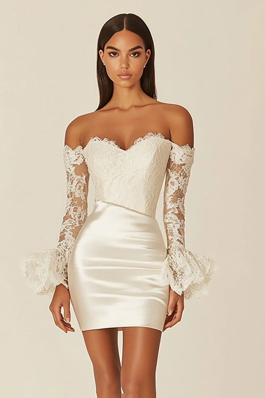 Satin Sheath Sweetheart Bodycon Little White Dress with Lace