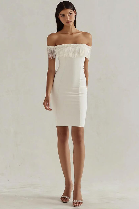 White Satin Bodycon Square Neck Graduation Dress with Fringes Off the Shoulder Short Bridal Shower Dress