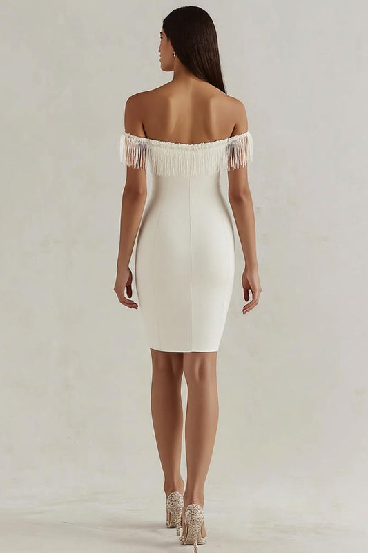 White Square Neck Satin Bodycon Graduation Dress with Fringes