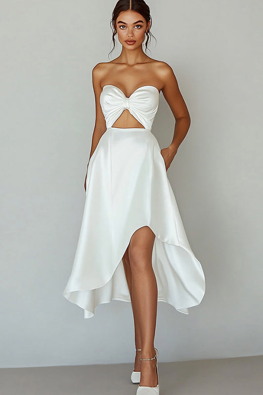White A Line Satin Keyhole Asymmetrical Graduation Dress
