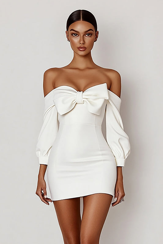 Bodycon Bow Mini Graduation White Dress with Sleeves