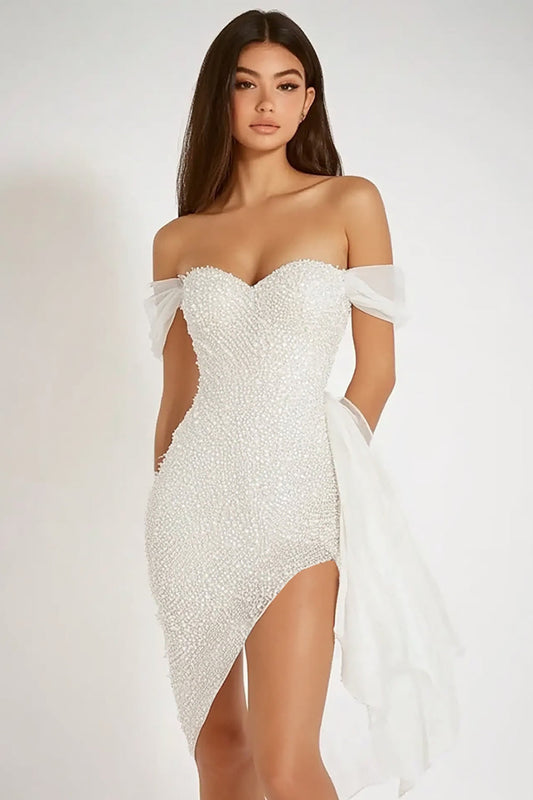 White Sparkly Bodycon Sweetheart Asymmetrical Graduation Dress