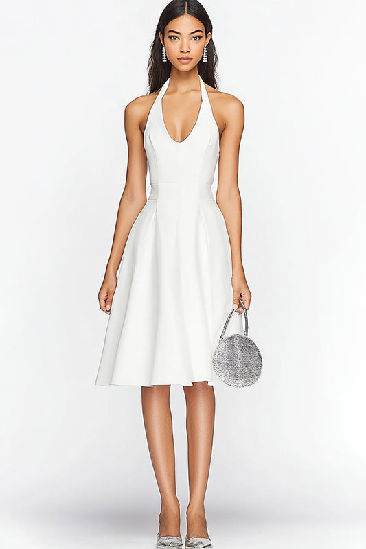 White A Line Satin Sleeveless Knee-Length Graduation Dress