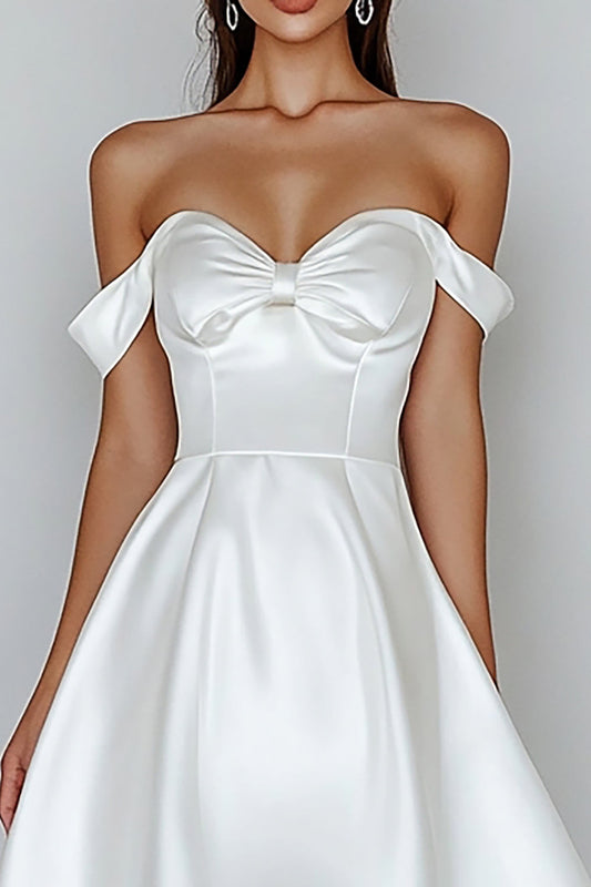 A Line White Satin Off the Shoulder Short Graduation Dress