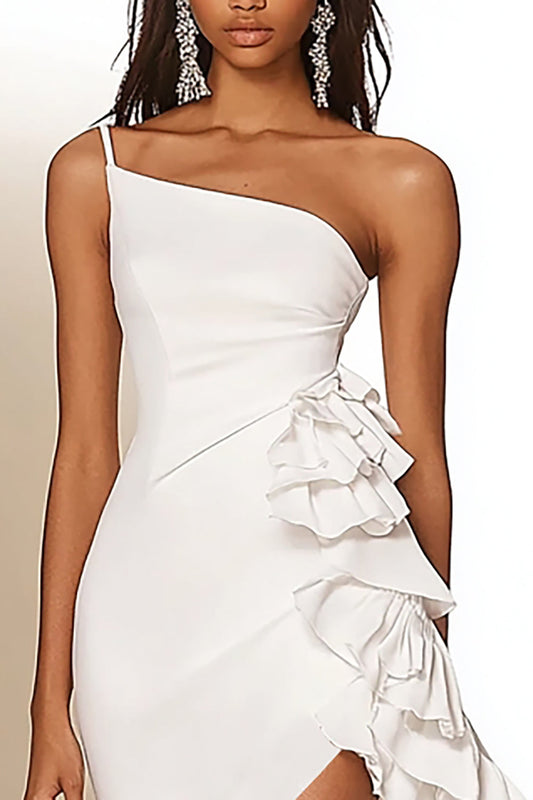 White One Shoulder Bodycon Short Graduation Dress with Ruffles