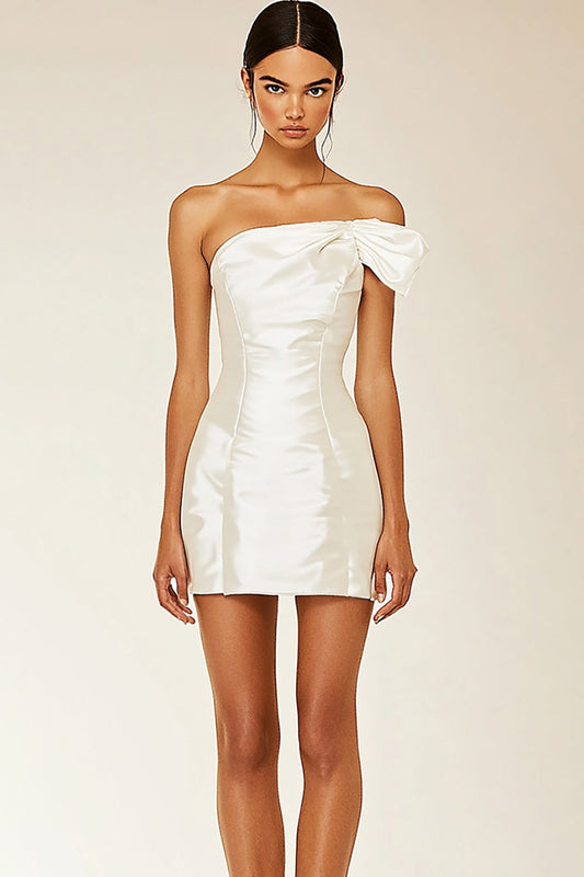 White Satin Bodycon One Shoulder Short Graduation Dress