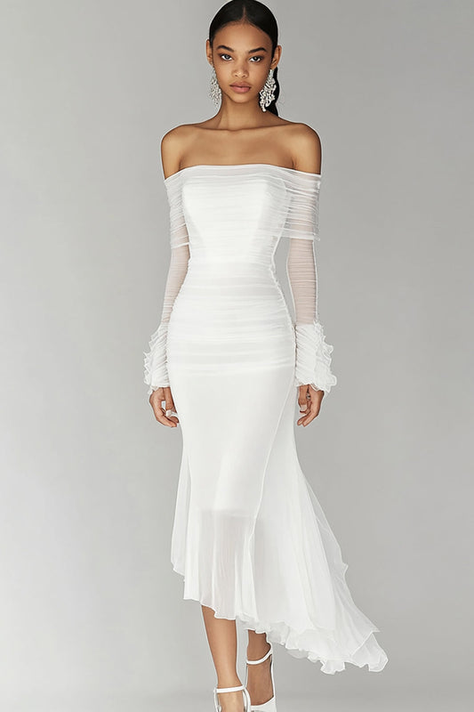 White Chiffon Sheath Graduation Dress with Long Sleeves