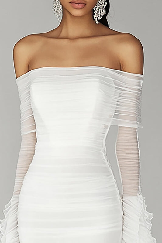 White Chiffon Sheath Graduation Dress with Long Sleeves