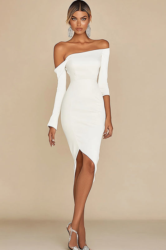 White Bodycon Off The Shoulder Midi Graduation Dress with Long Sleeves