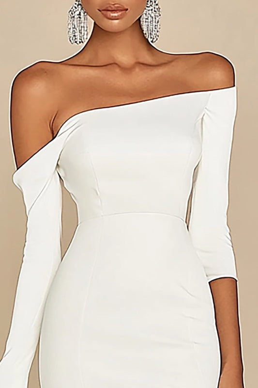 White Bodycon Off The Shoulder Midi Graduation Dress with Long Sleeves