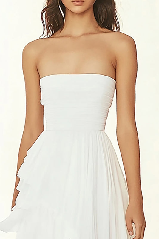 White A Line Chiffon High Low Graduation Dress with Ruffles