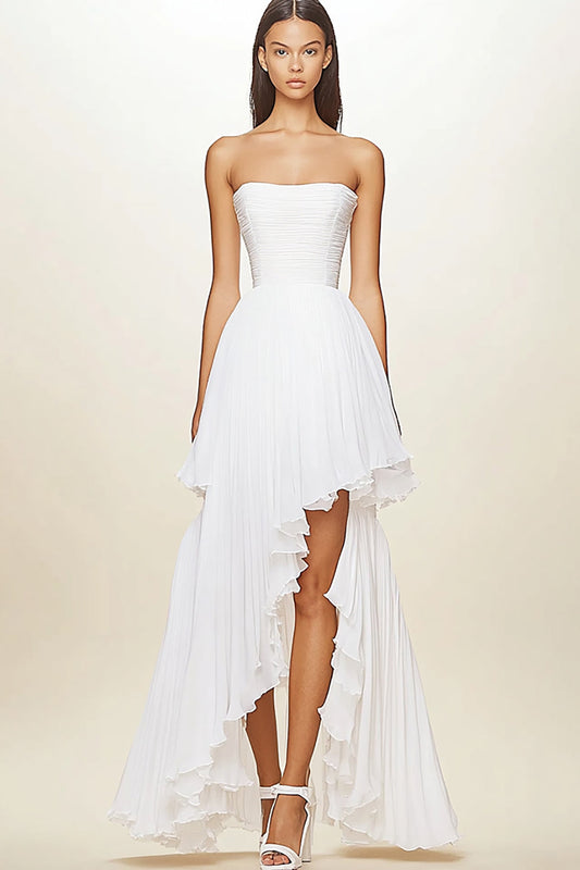 White A Line Strapless Chiffon High Low Graduation Dress with Ruffles
